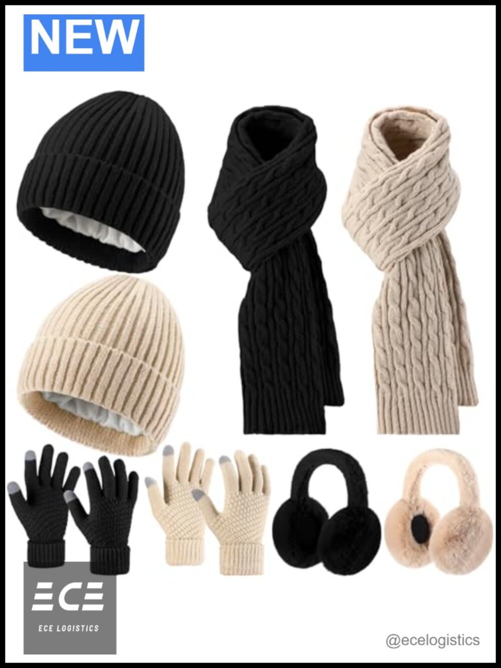 8 Pc Acrylic Knit Beanie Scarf Gloves Earmuffs Winter Set